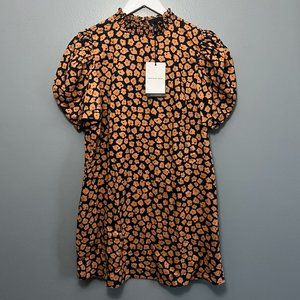 Who What Wear Flower Print Puff-sleeve Dress, Medium, Black/Brown